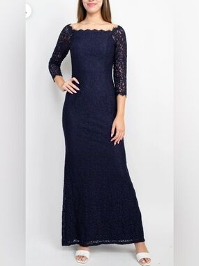 Adrianna Papell Column Scalloped Floral Lace Evening Gown Maxi Dress (Size 14)